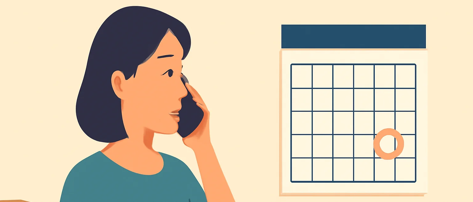 壁のカレンダーの日付に丸印をつけ、電話で日程を相談している女性
