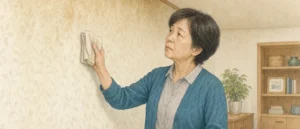 タバコのヤニで黄ばんだ壁紙をクロスで拭き、掃除で落ちるか張り替えが必要か考える女性