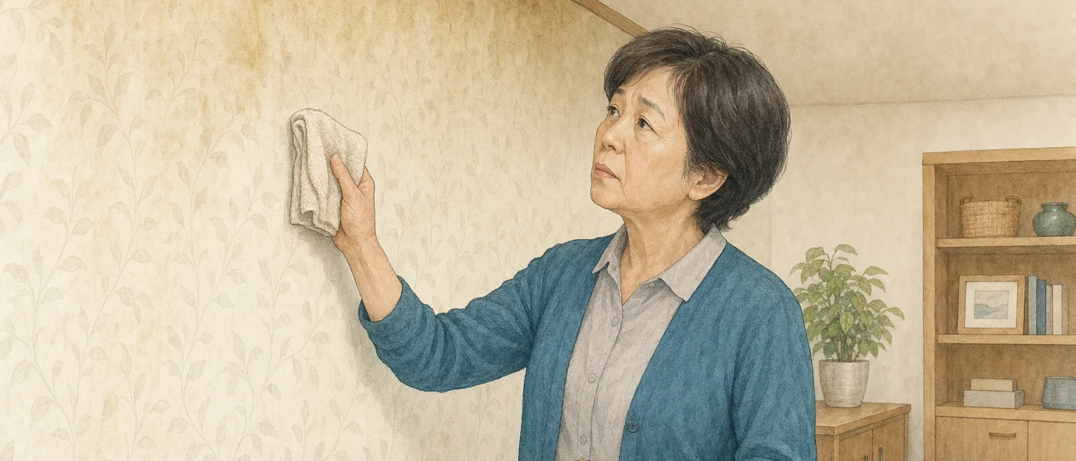タバコのヤニで黄ばんだ壁紙をクロスで拭き、掃除で落ちるか張り替えが必要か考える女性