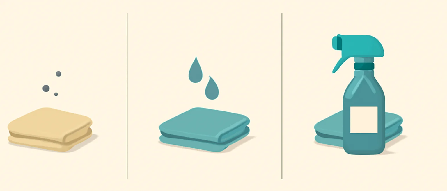 壁紙の油汚れを落とす手順。乾いた布、水拭き用の布、中性洗剤の順に試す