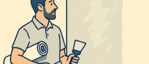 パテベラと壁紙ロールを持った職人が、質感の異なる壁の前に立っているイラスト