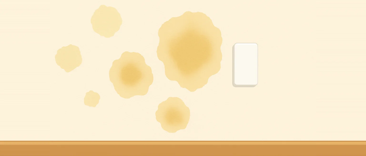 壁紙の表面に、黄色から茶色のシミがまだら模様のように部分的に浮き出ている様子