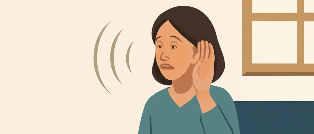 壁の向こうから聞こえてくる音が気になり、耳に手を添えて聞いている女性