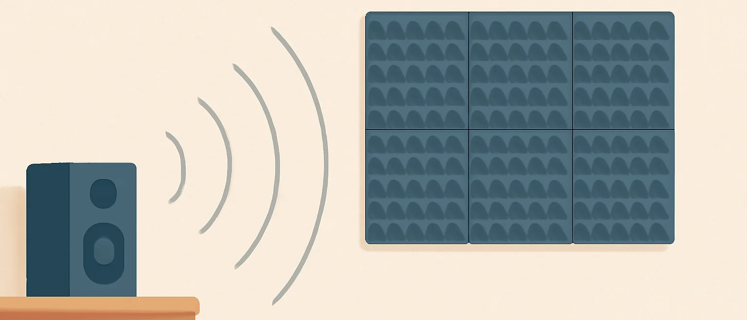 スピーカーから出た音が、壁に取り付けた吸音パネルのほうへ広がる様子