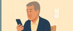 スマートフォンで壁紙の張り替えに使える補助金を調べている男性