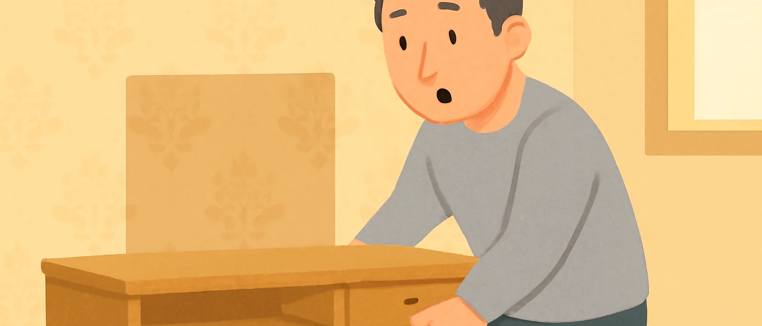 家具をどかしたところ、その下だけ壁紙の色が周囲と違うことに気づいて驚く男性
