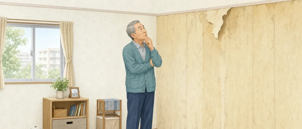都営住宅の一室で、黄ばんで剥がれかけた壁紙を見上げて考える高齢の入居者