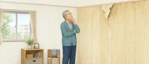 都営住宅の一室で、黄ばんで剥がれかけた壁紙を見上げて考える高齢の入居者