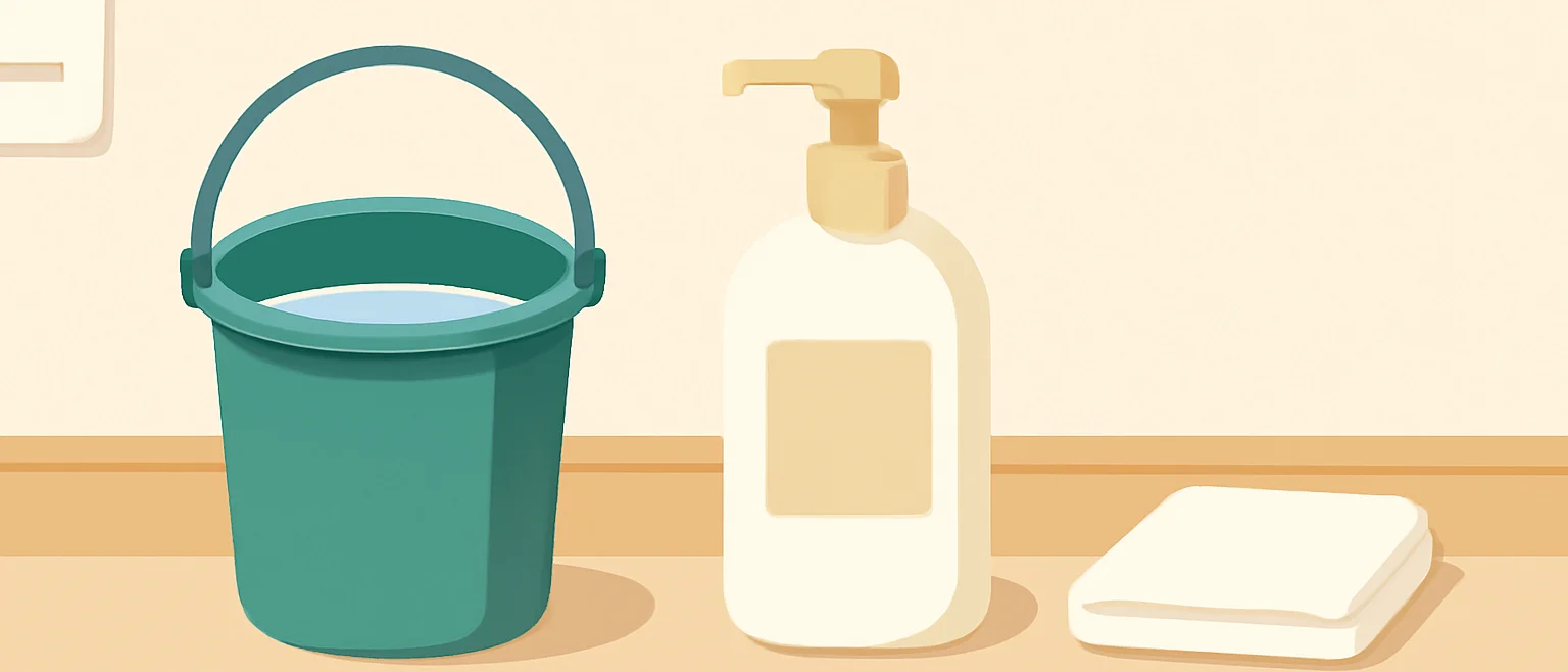 トイレの壁紙の手入れに使う、水を入れたバケツ・中性洗剤・固く絞った布