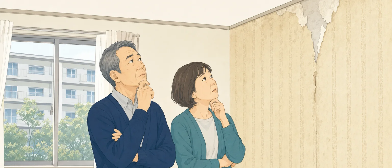 UR賃貸住宅の団地の一室で、古くなった壁紙を前に、張り替えられるか考える50代の夫婦
