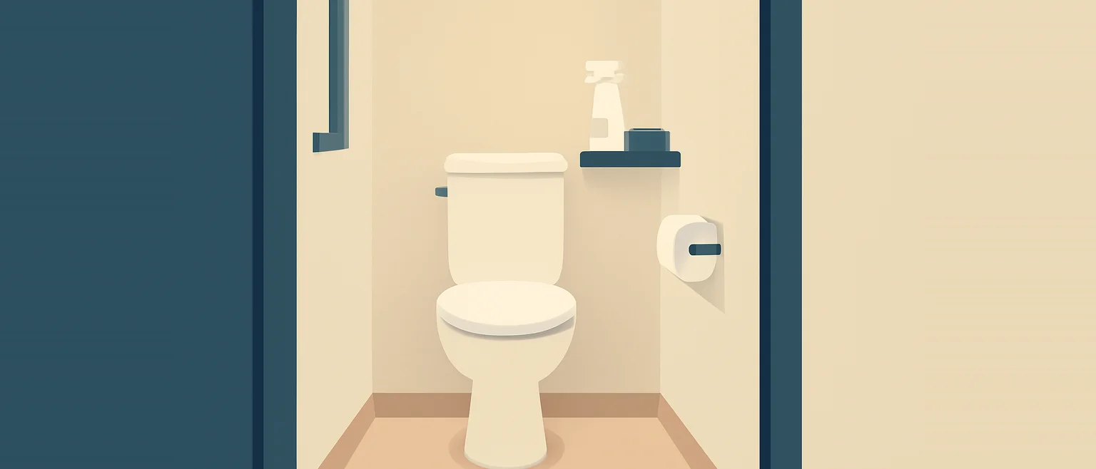 壁紙がうっすら黄ばんだトイレの個室と、棚に置かれたスプレーボトルと布