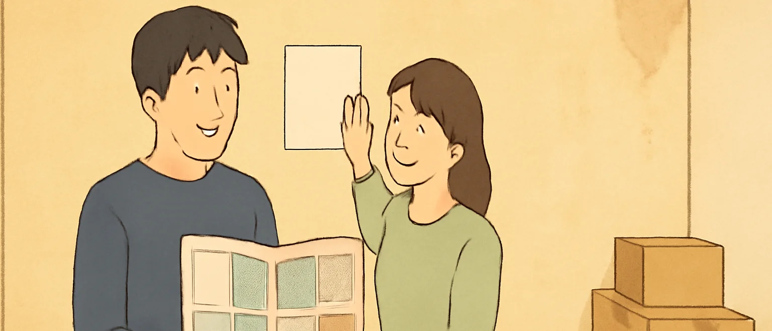壁の前で、壁紙の見本帳を持った男性と女性が、新しい壁紙を選んでいる様子