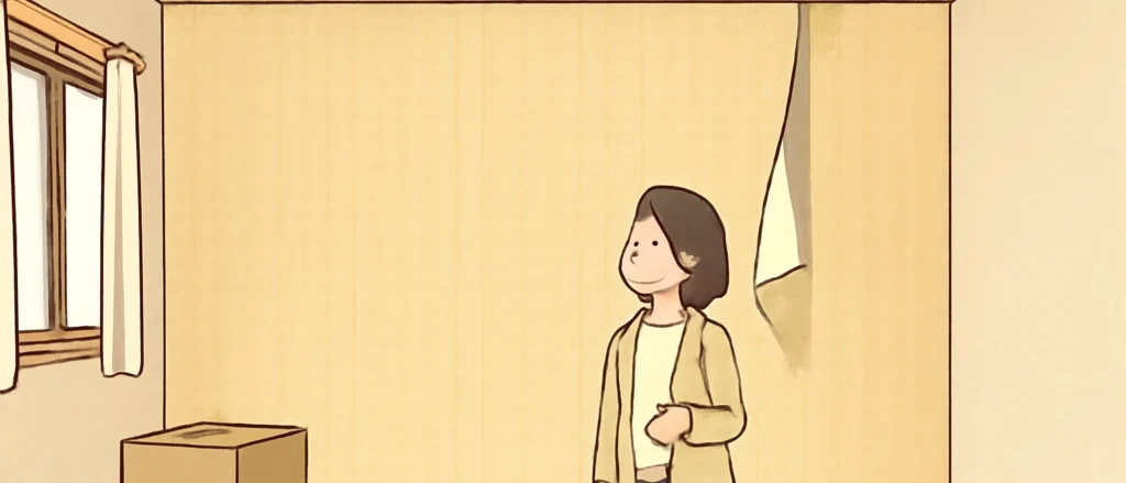 荷物が片付いた部屋で、壁紙の上のほうが縦にめくれて垂れ下がっているのを見上げる女性