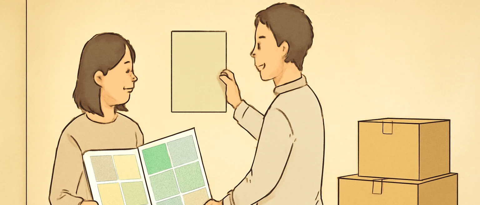 段ボール箱の置かれた部屋で、夫婦が壁紙の見本帳を広げ、壁の前で色を選んでいる様子