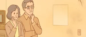 年配の夫婦が、くすんだ壁と、額などを外した跡のように明るく残った部分を見ながら考え込んでいる様子