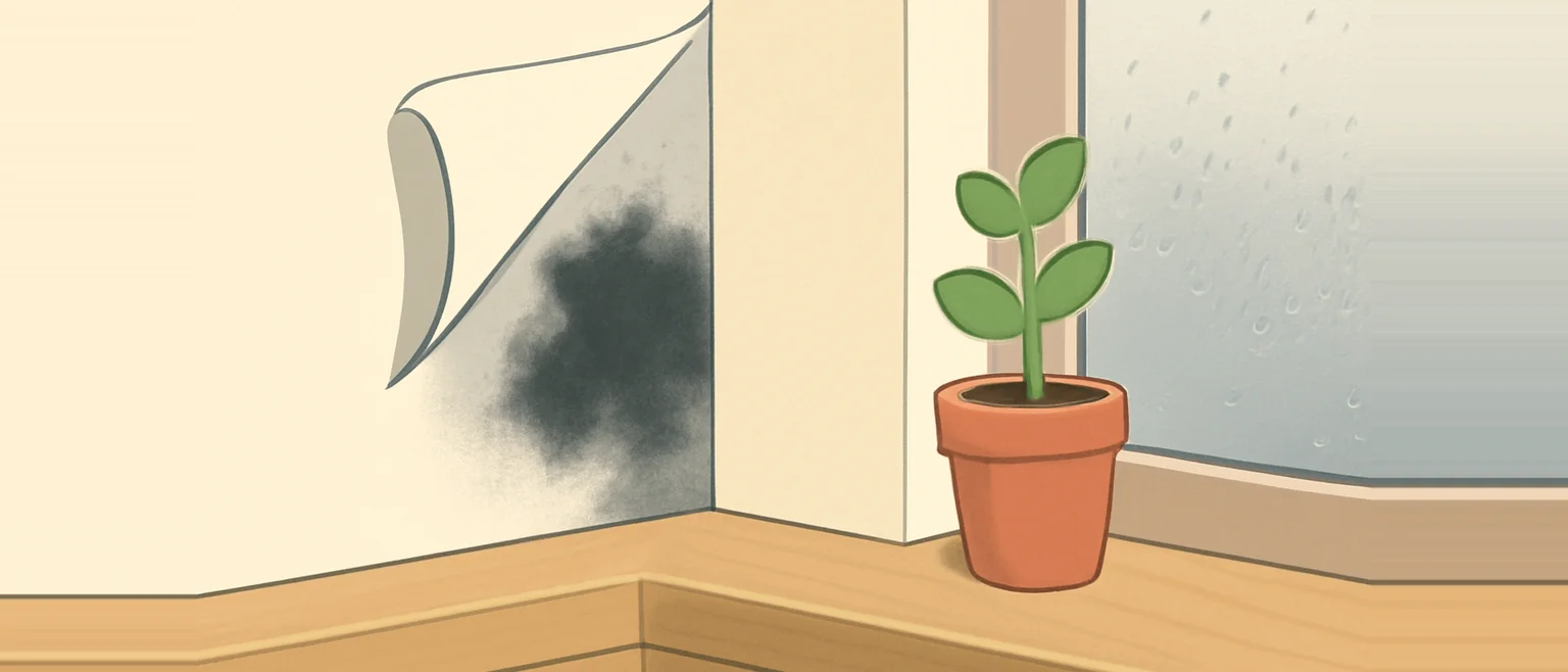 窓辺の壁で壁紙の角がめくれ、その下にカビのような黒い汚れが広がっている。窓ガラスには結露の水滴が付いている