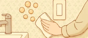 洗面台の横の壁紙を、布を持った手で拭いているイラスト。壁には丸い粒が付いている