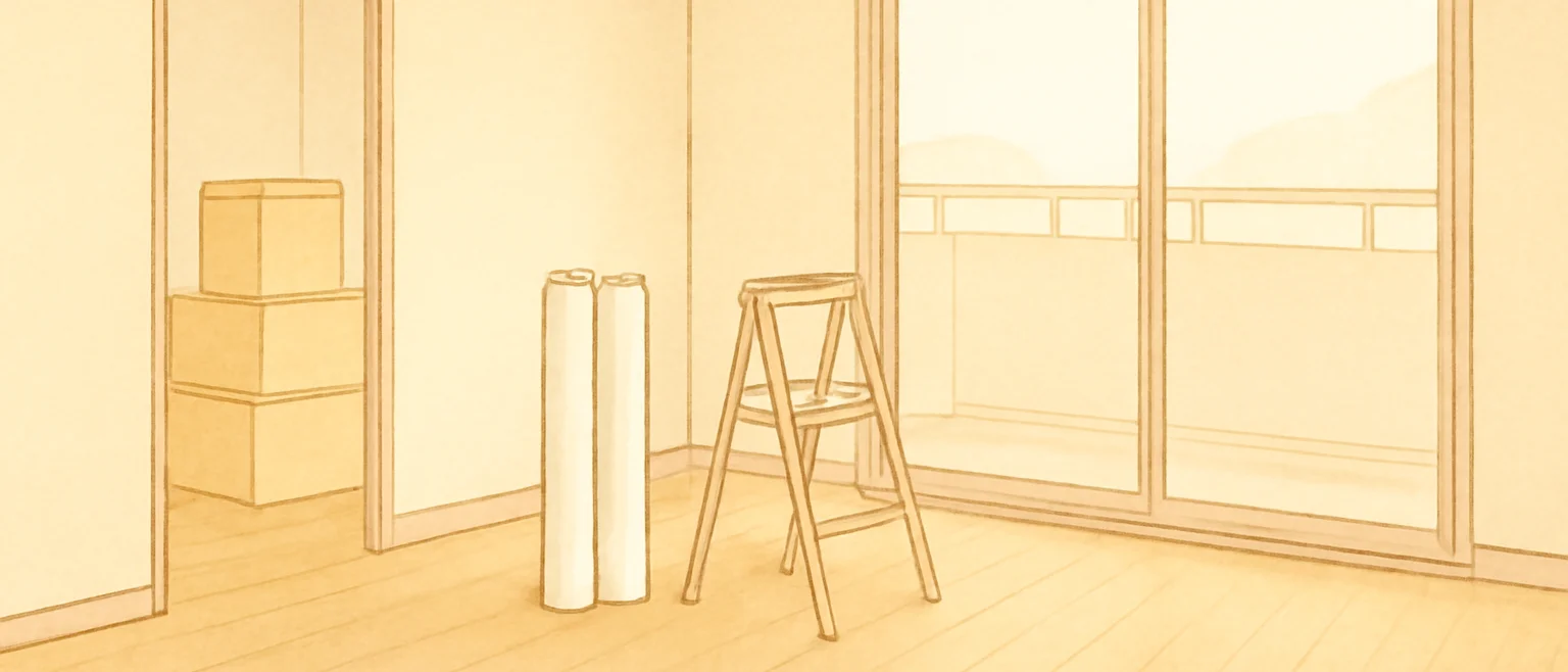 家具のない空の洋室に、白い壁紙の巻き2本と脚立が置かれ、開いた戸口の奥に段ボール箱が積まれている様子