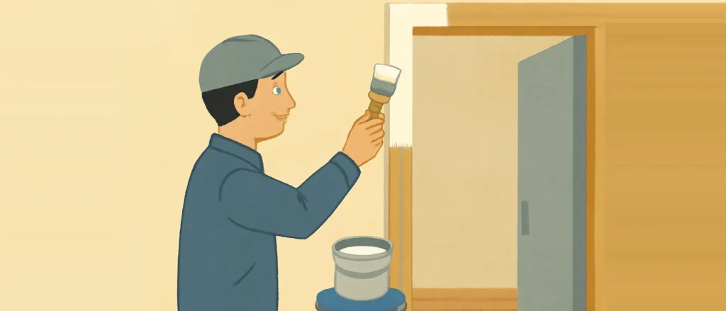 作業着の職人が、刷毛でドアの枠を白く塗り直している