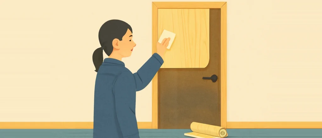 職人が、室内のドアの上半分に木目の化粧シートを貼り、下半分には古い表面が残っている