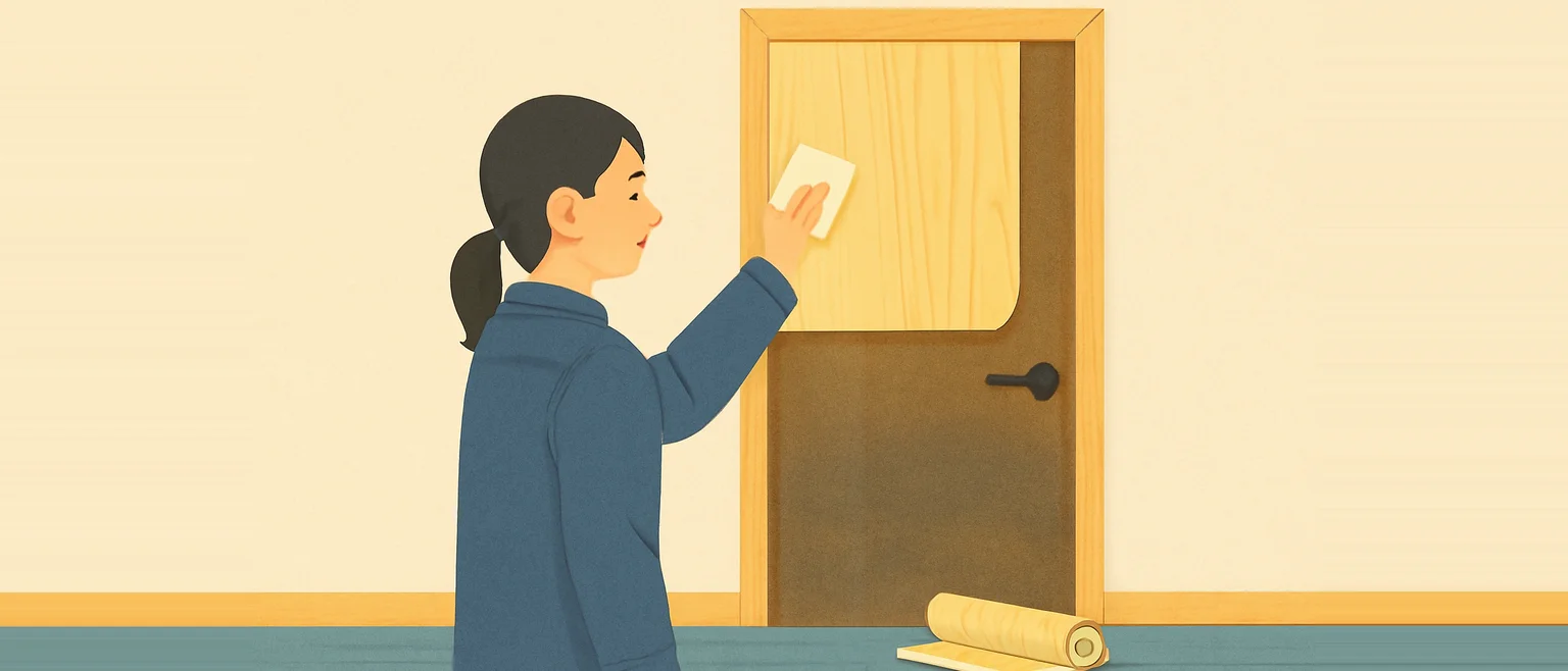 職人が、室内のドアの上半分に木目の化粧シートを貼り、下半分には古い表面が残っている