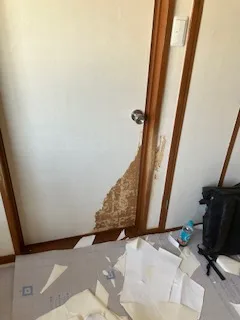 ドア横の壁。壁紙を剥がしている途中で、破れた部分から下の層が見えている