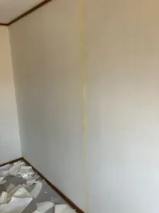 剥がし作業中の部屋の壁。縦に黄色っぽい跡が見え、床には剥がした壁紙が散らばっている