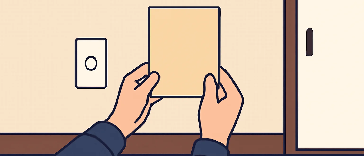 こげ茶の床とドア枠のそばで、壁にベージュの色見本のカードを当てて見比べている手元
