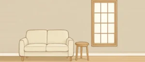 明るい木目の床の部屋で、壁一面がグレーとベージュの中間色のグレージュになっているリビングのイラスト