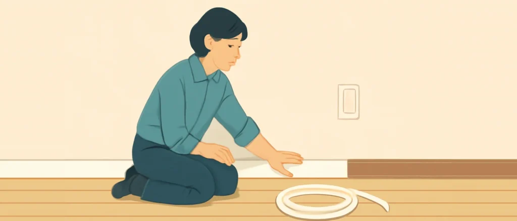 床にひざをついた職人が、壁の下端に新しい白い巾木を貼っている。右側には古い茶色の巾木が残り、床には巻いた巾木が置かれている