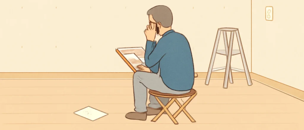 壁紙を張る前の何もない部屋で、椅子に座った男性が電話をしながら壁紙の見本帳を見ている様子