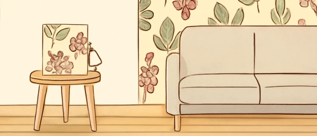 リビングの1面だけを植物柄の壁紙にした部屋と、柄の見本を置いた小さなテーブル