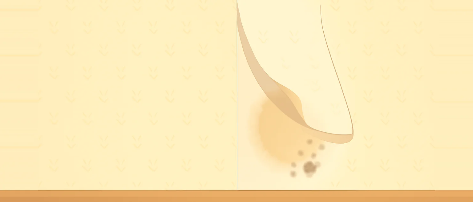 壁紙の継ぎ目がめくれ、はがれた裏の壁に茶色いシミと黒い点が出ている様子