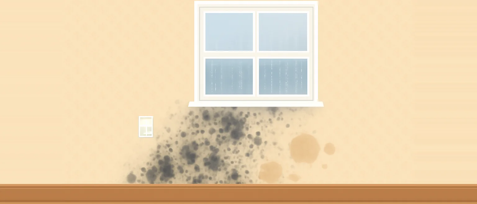 窓の下の壁紙に黒いカビと茶色いシミが広がり、窓ガラスが曇って水滴がついている様子