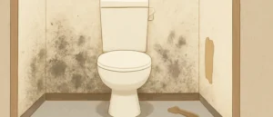 古い塗り壁の下半分に黒カビが広がった、タンク付きのトイレ