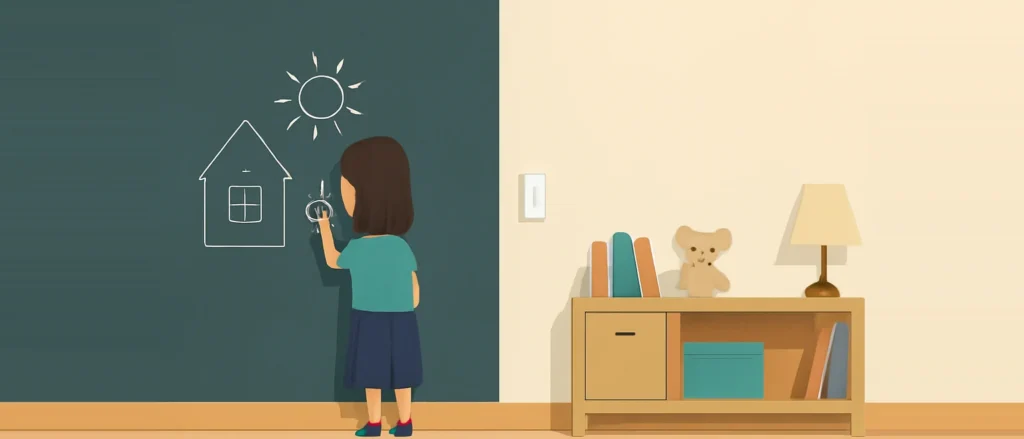 子ども部屋の壁の一部が濃い緑の黒板の仕上げになっていて、女の子がチョークで太陽や家の絵を描いている