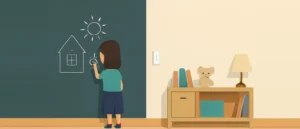 子ども部屋の壁の一部が濃い緑の黒板の仕上げになっていて、女の子がチョークで太陽や家の絵を描いている