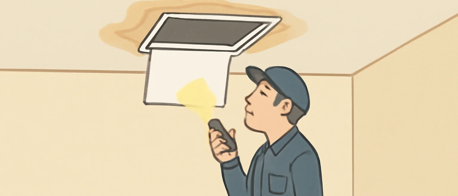天井の点検口を開け、まわりにシミが広がる天井の中を懐中電灯で照らして調べる作業着の男性
