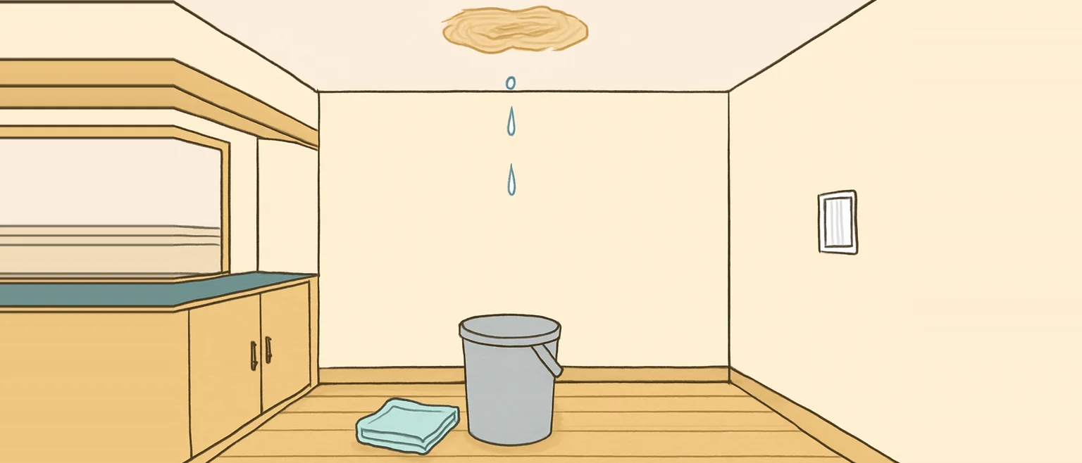 天井の水のシミから落ちる水滴を、床に置いたバケツで受けている部屋