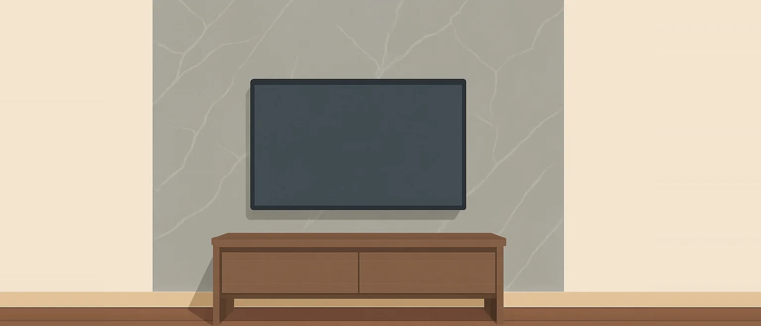 リビングで、壁掛けテレビの背面の壁1面だけをグレーの大理石調にし、ほかの壁は白にした様子