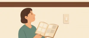 天井と壁の境目の茶色い廻り縁を見上げながら、壁紙の見本帳を手にしている女性