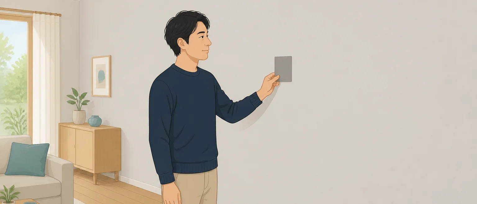 男性が、明るく淡いグレーの壁一面の前で、小さなグレーの見本を壁に当てている