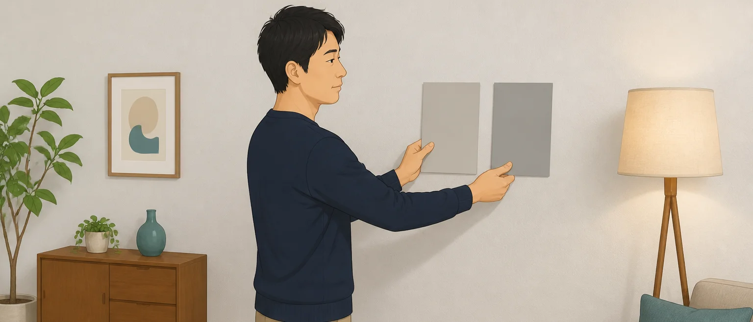 壁の前で、濃さの違う2枚のグレーの色見本を壁に当てて見比べている男性