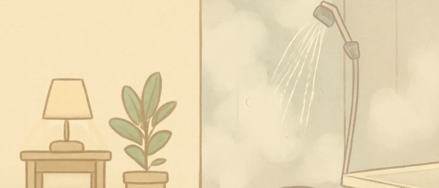 左は照明と観葉植物を置いた乾いた居室、右はシャワーの水と湯気が立ちこめる浴室を並べた対比のイラスト