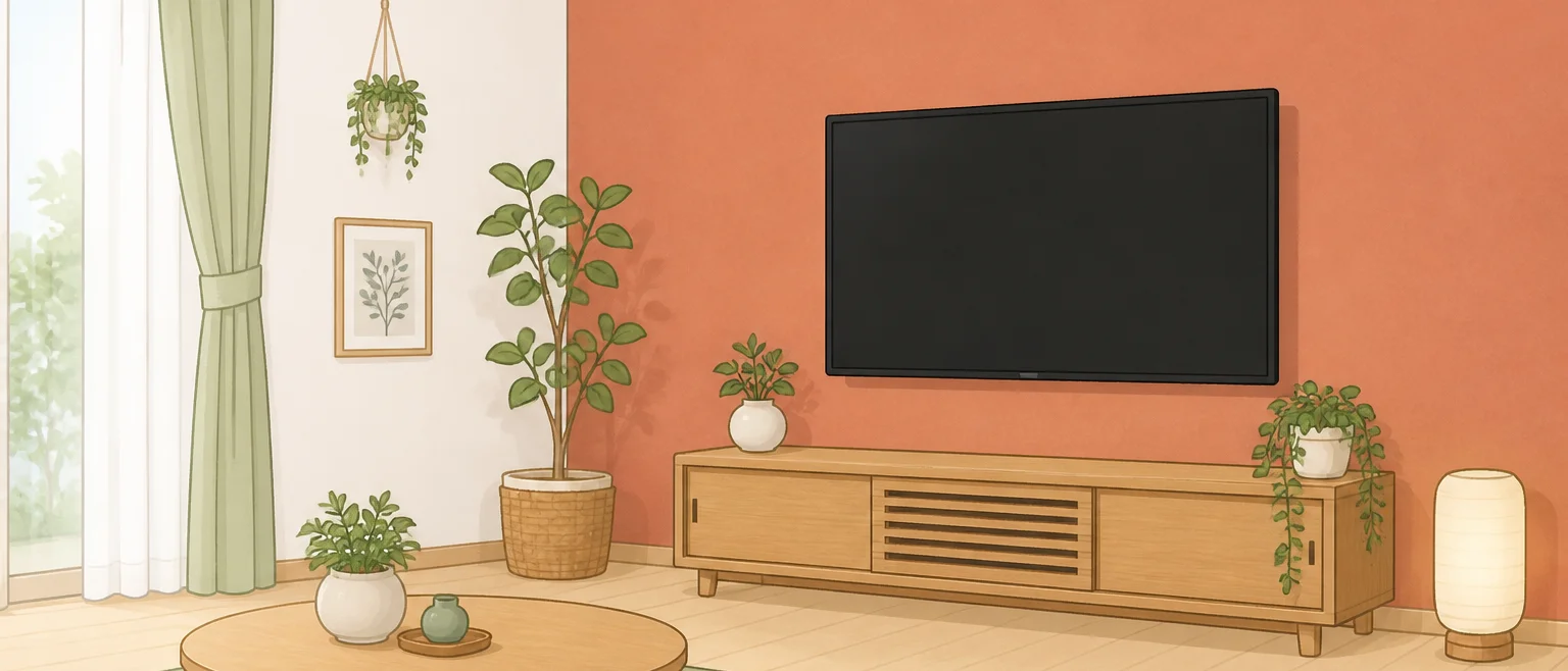 テレビの後ろの1面だけがオレンジ系の壁紙で、隣の壁と天井は白いリビングのイラスト