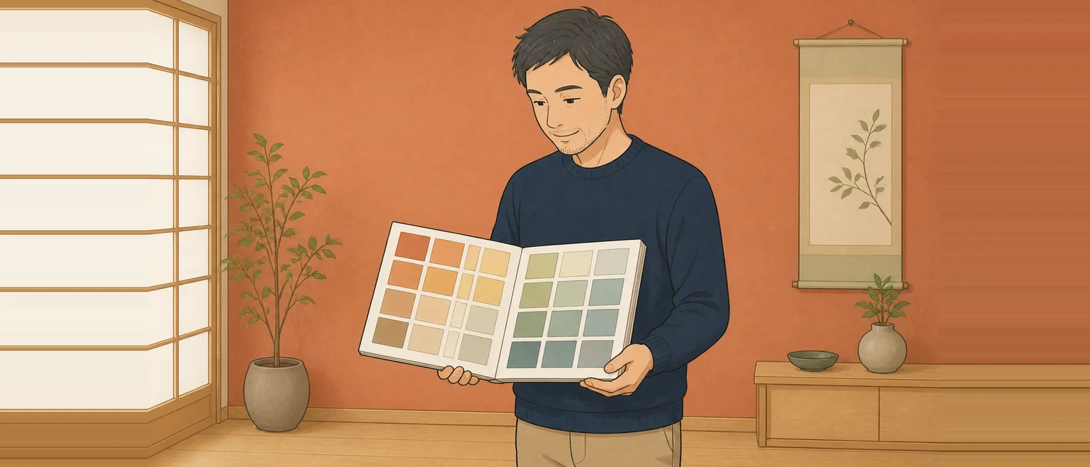 オレンジ系の壁の前で、男性が色見本の並んだ壁紙の見本帳を開いて見ているイラスト