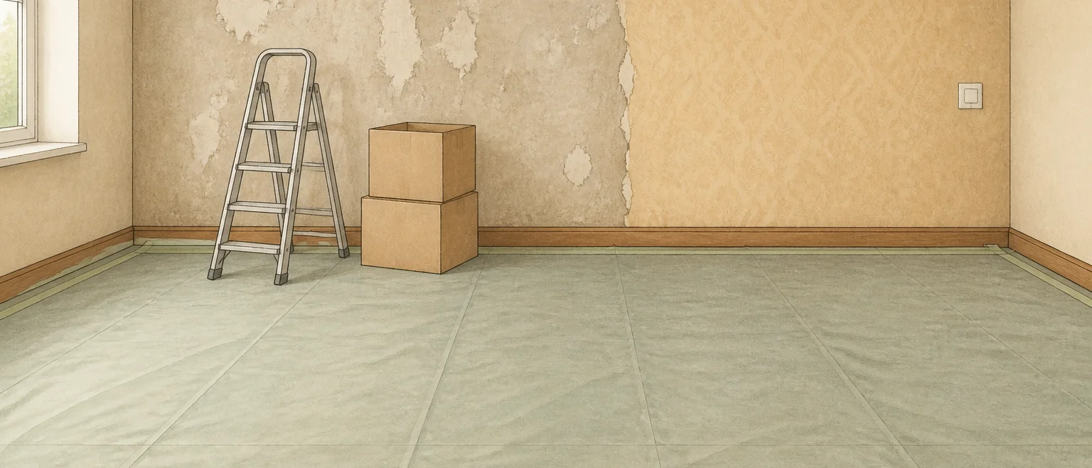 家具を運び出して床に養生シートを敷いた応接間で、壁の左半分の古い壁紙がはがされている