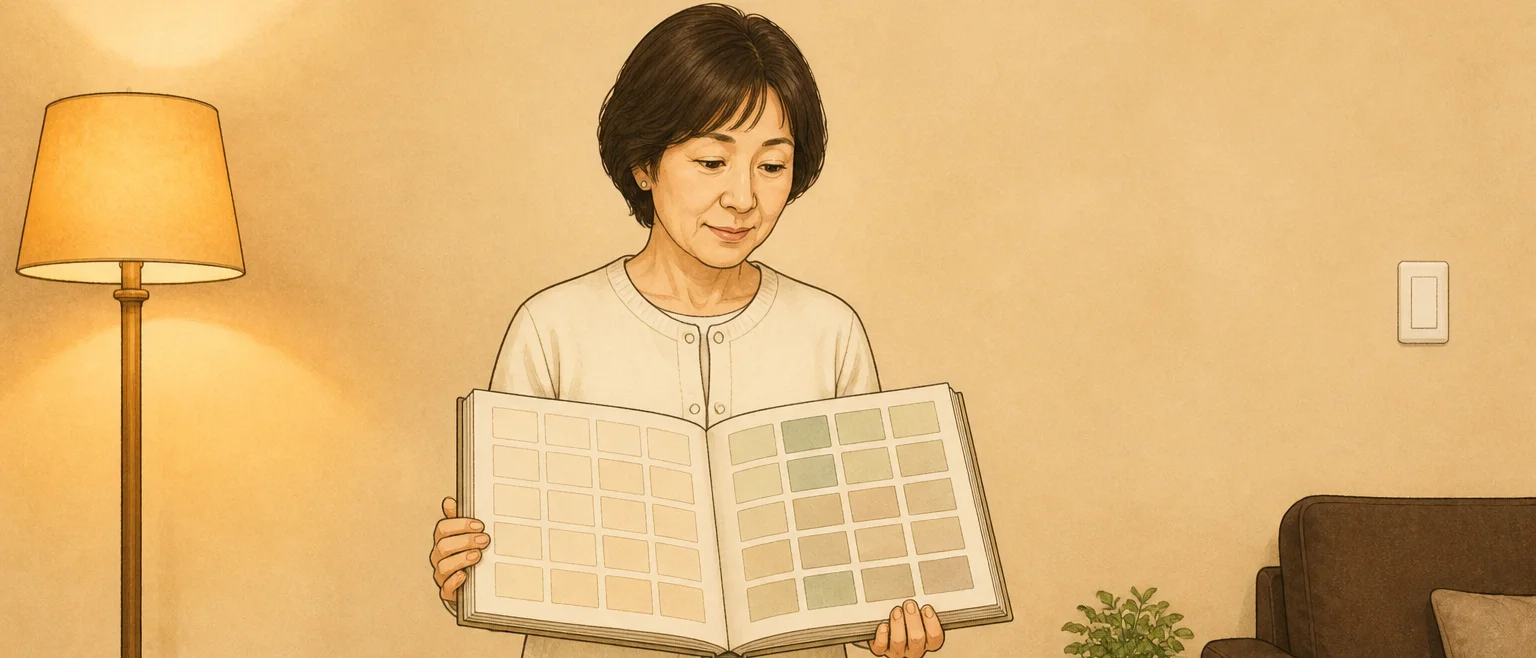 暖色の照明に照らされた応接間の壁の前で、女性が壁紙の見本帳を開いて見ている