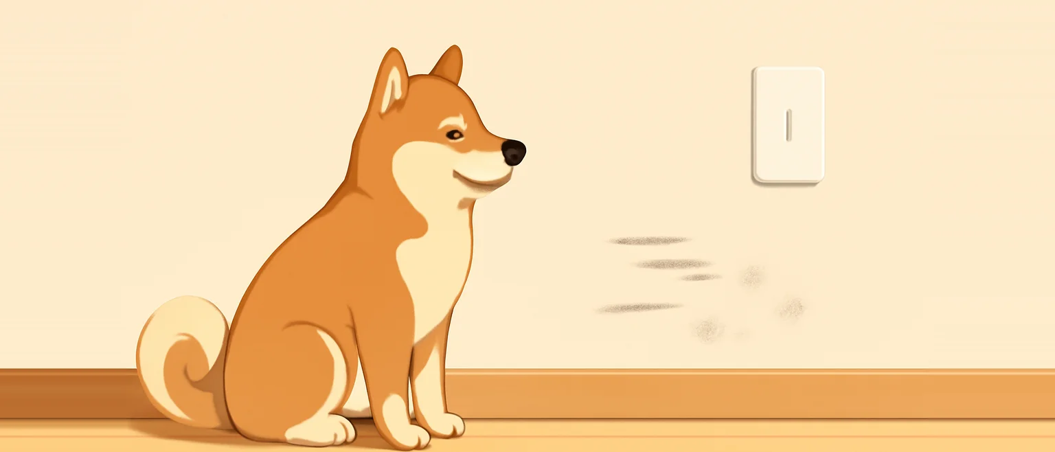 壁の前に座る柴犬と、壁の下のほうについた灰色のこすれ跡