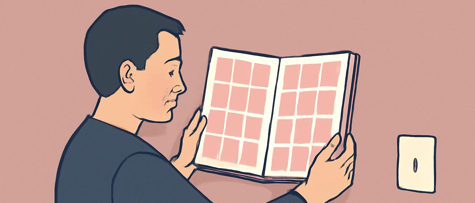ピンクの壁の前で、壁紙の見本帳を壁に当てて色を見比べる男性